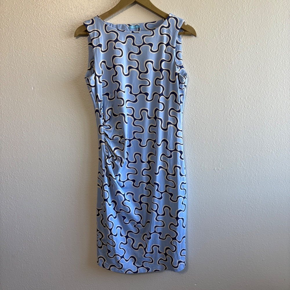 J. McLaughlin Size Medium Light Blue Puzzle Print Midi Dress Stretch Resortwear